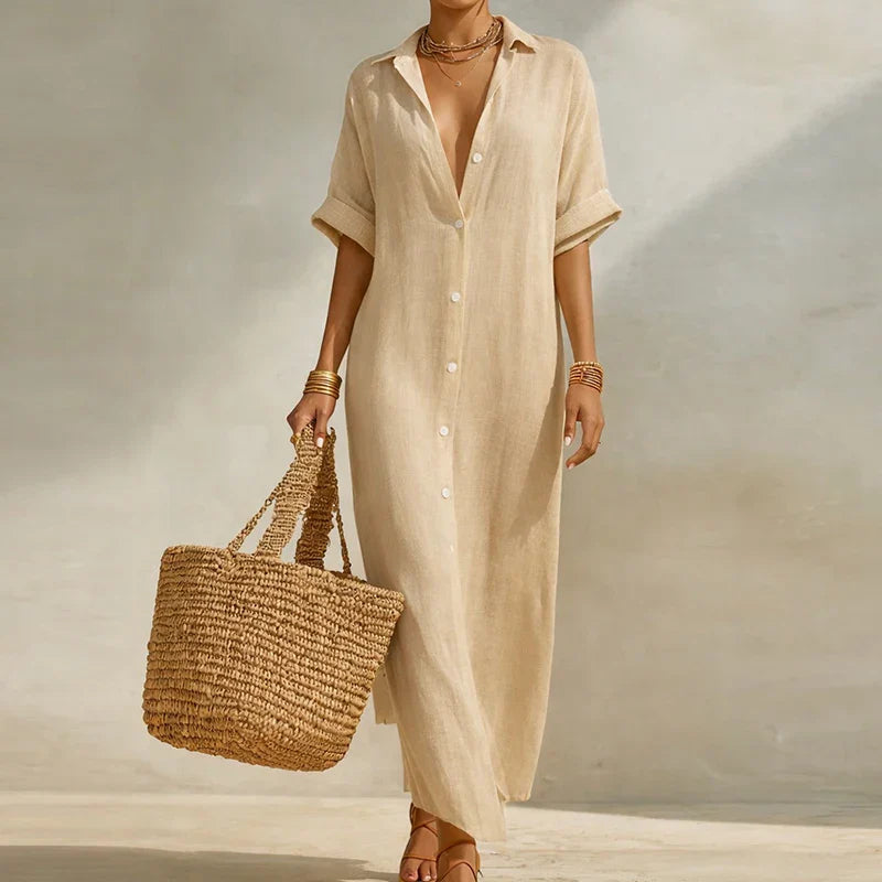 Womens Linen Blend Striped Long Shirt Dress