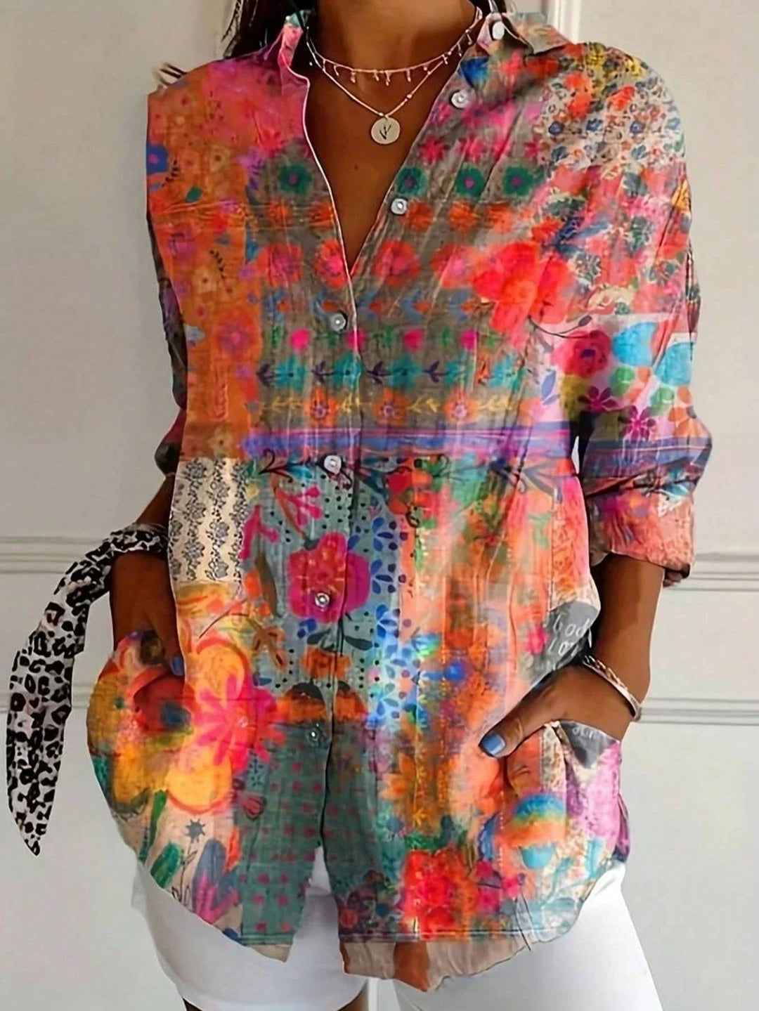 Printed Blouse Women Airy Loose Fit Casual Colourful Summer Top