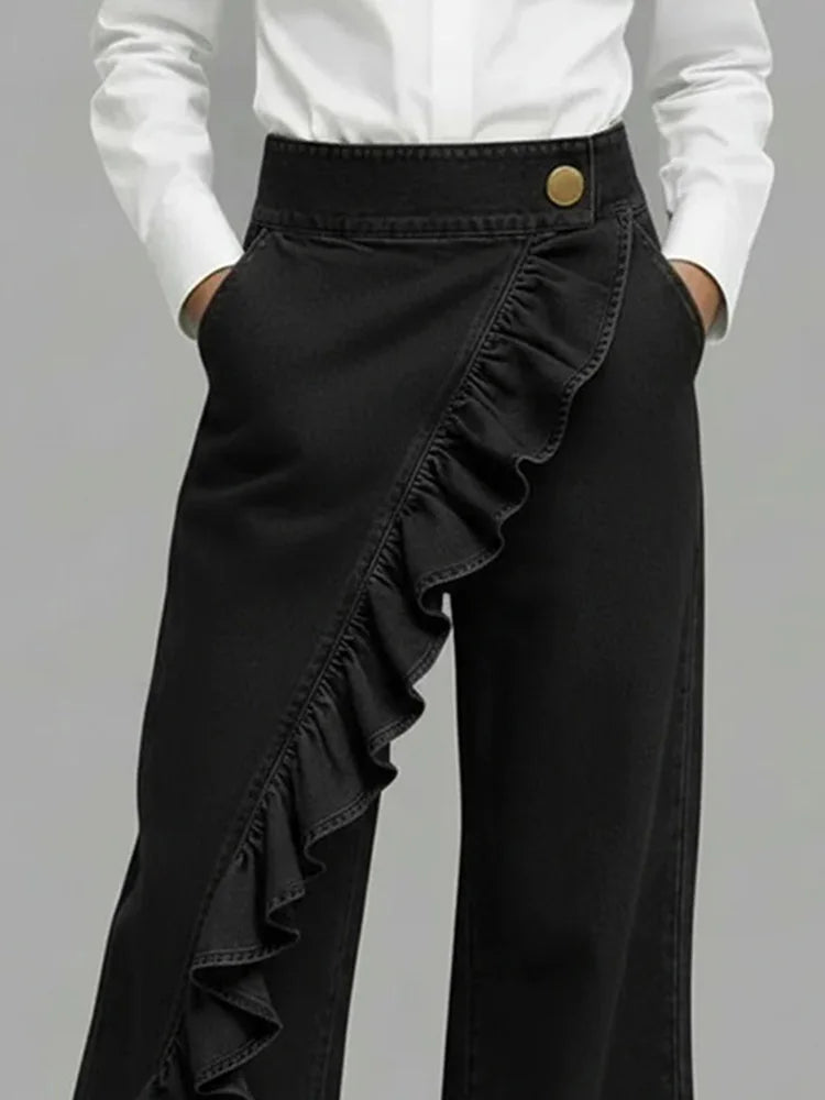 Wide Leg Denim Jeans with Asymmetrical Ruffle Detail