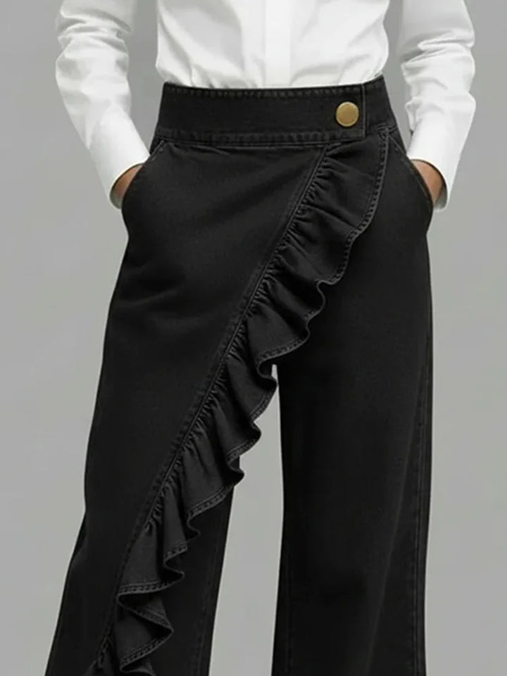 Wide Leg Denim Jeans with Asymmetrical Ruffle Detail