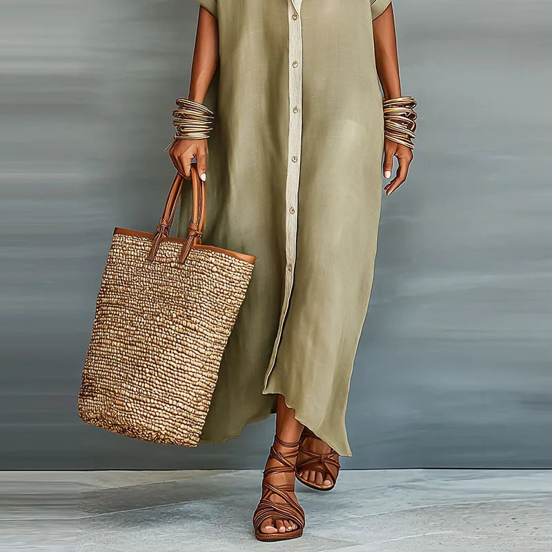 Linen Blend Maxi Shirt Dress Women Relaxed Fit