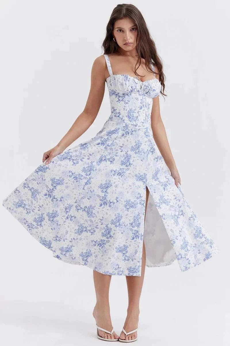 Floral Bustier Maxi Dress Women Corset Ruched Slit