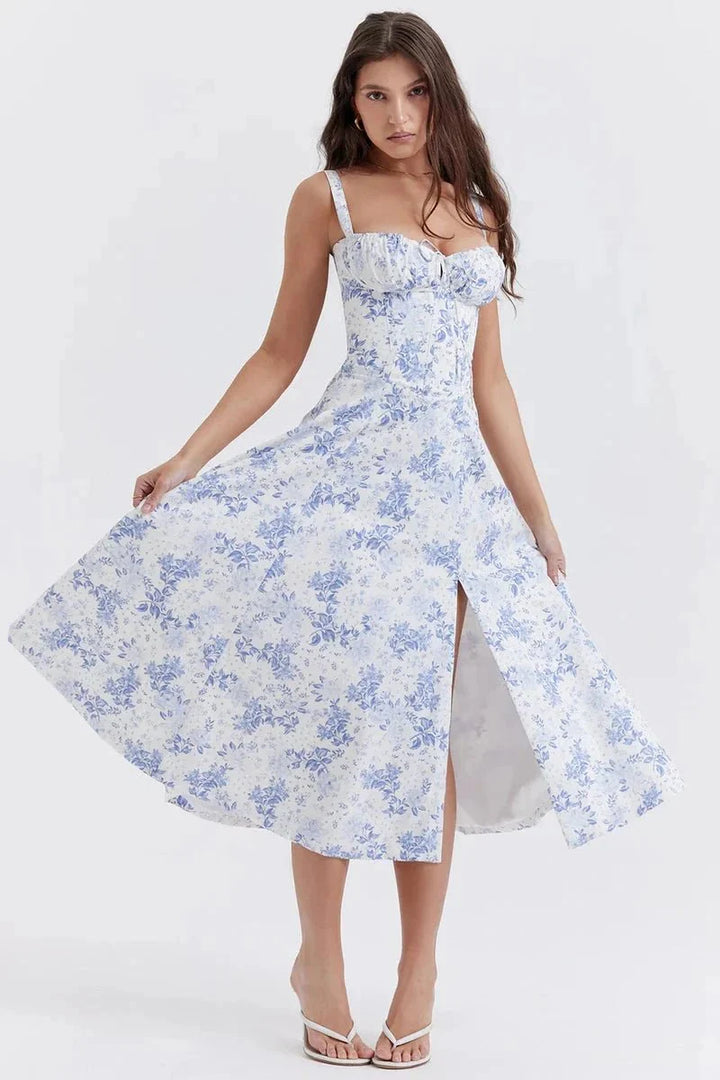 Floral Bustier Maxi Dress Women Corset Ruched Slit