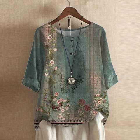 Vintage Floral Blouse Women Relaxed Fit Breathable Casual Elegant