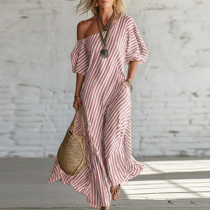One Shoulder Puff Sleeve Striped Dress Women