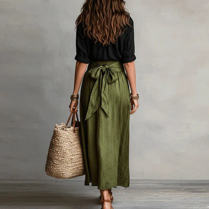 Womens Linen Co-Ord Blouse and Midi Skirt Set
