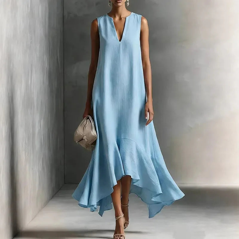 Women Flowy V Neck Sundress Ruffle Hem Sleeveless