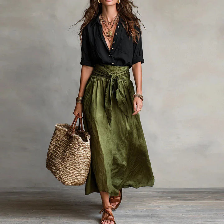 Womens Linen Co-Ord Blouse and Midi Skirt Set