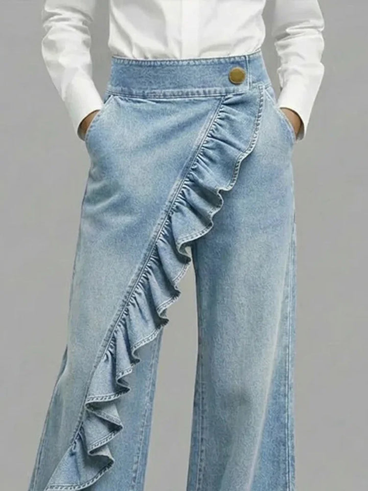 Wide Leg Denim Jeans with Asymmetrical Ruffle Detail