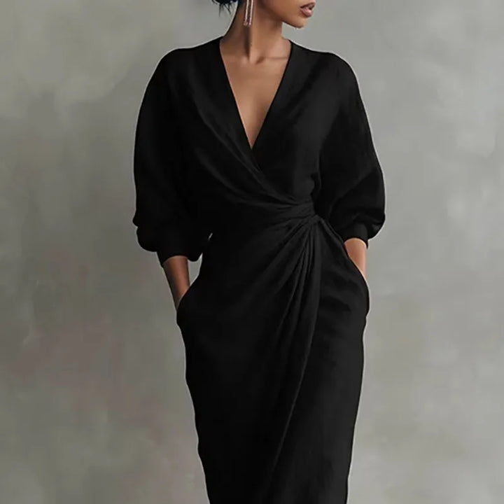 Womens Long Sleeve V Neck Wrap Waist Bodycon Dress