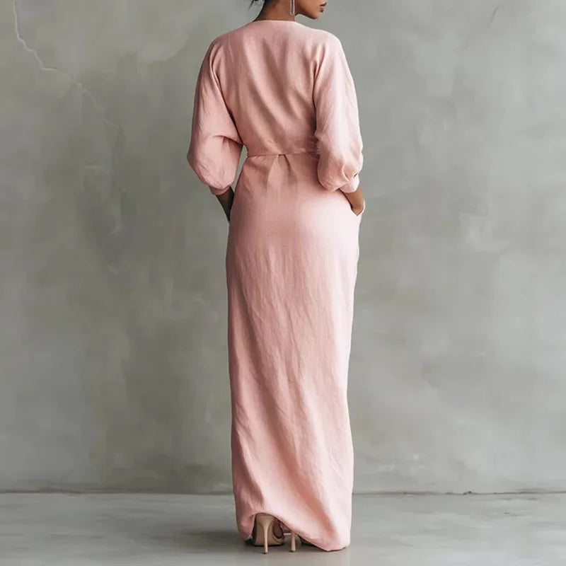Womens Long Sleeve V Neck Wrap Waist Bodycon Dress