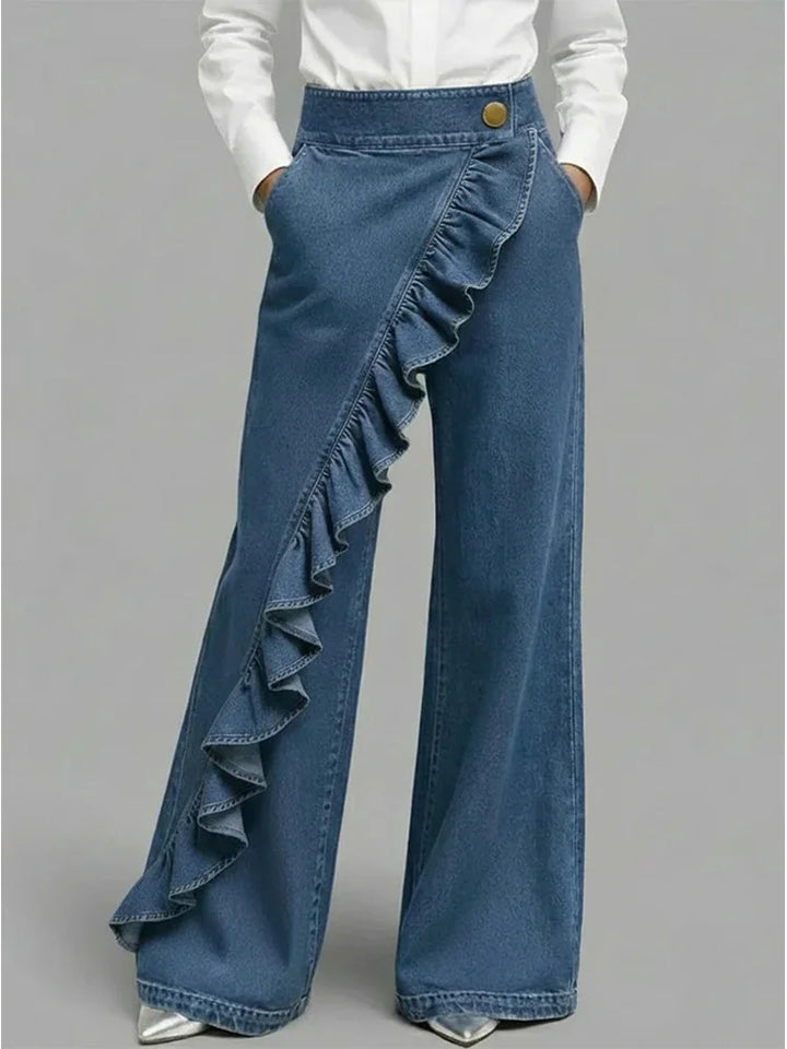 Wide Leg Denim Jeans with Asymmetrical Ruffle Detail