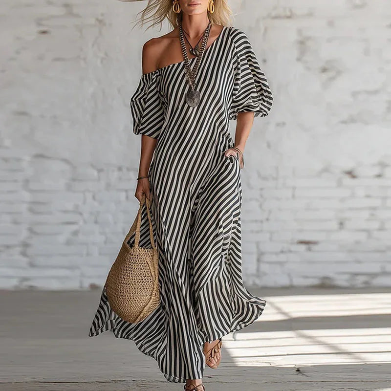 One Shoulder Puff Sleeve Striped Dress Women