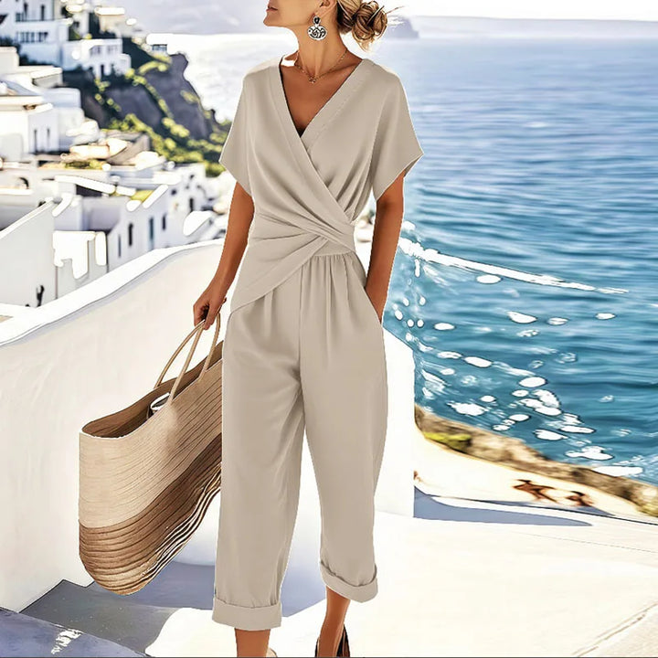 Two-Piece Set Women Wrap Top Tailored Trousers Elegant Summer