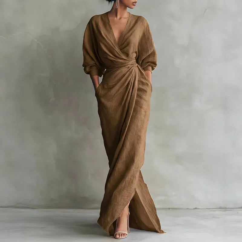 Womens Long Sleeve V Neck Wrap Waist Bodycon Dress