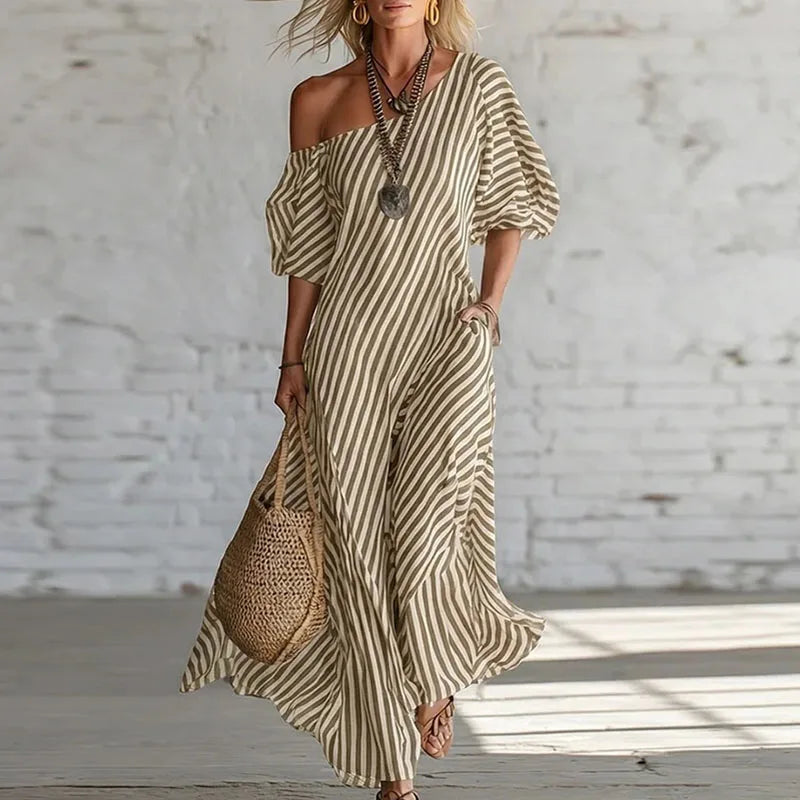 One Shoulder Puff Sleeve Striped Dress Women