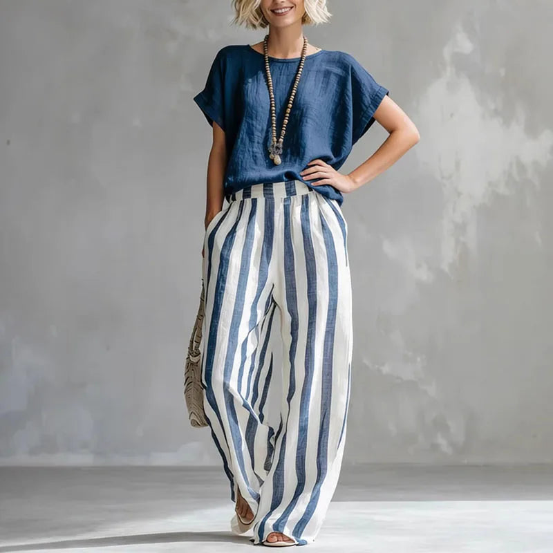 Womens Linen Blend Wide Leg Striped Summer Set