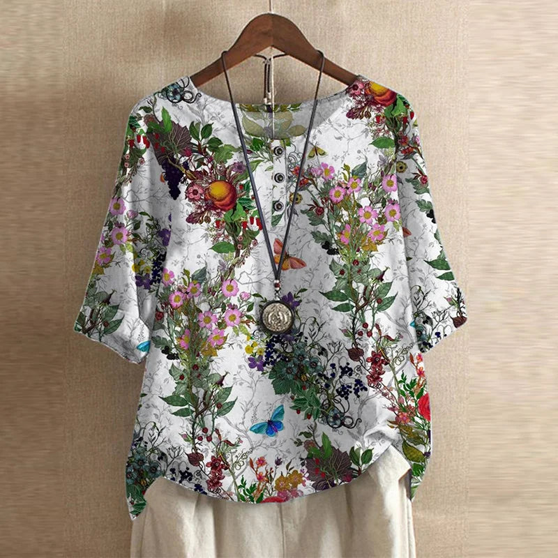 Vintage Floral Blouse Women Relaxed Fit Breathable Casual Elegant