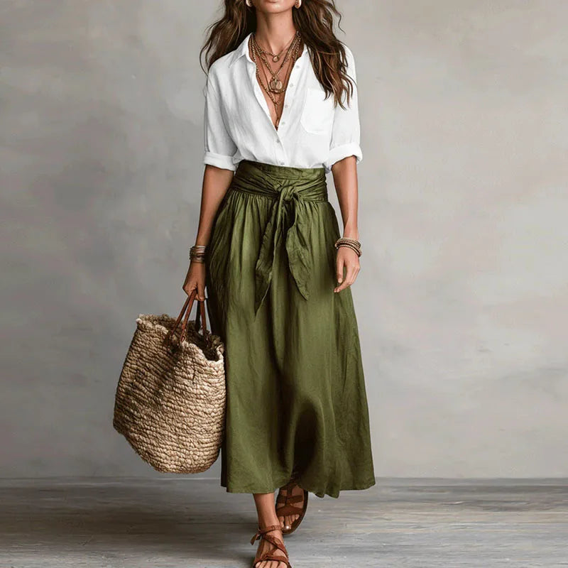 Womens Linen Co-Ord Blouse and Midi Skirt Set
