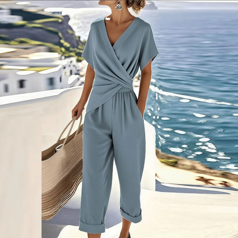 Two-Piece Set Women Wrap Top Tailored Trousers Elegant Summer