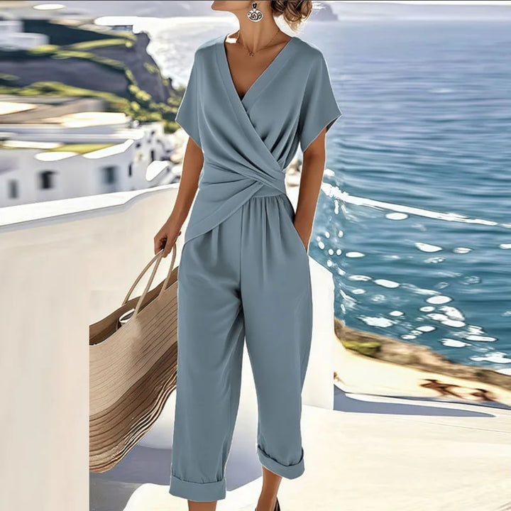 Two-Piece Set Women Wrap Top Tailored Trousers Elegant Summer