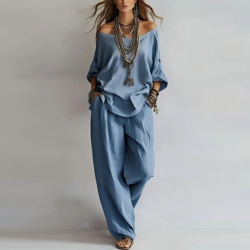Off Shoulder Co-ord Set Wide Leg Trousers Women