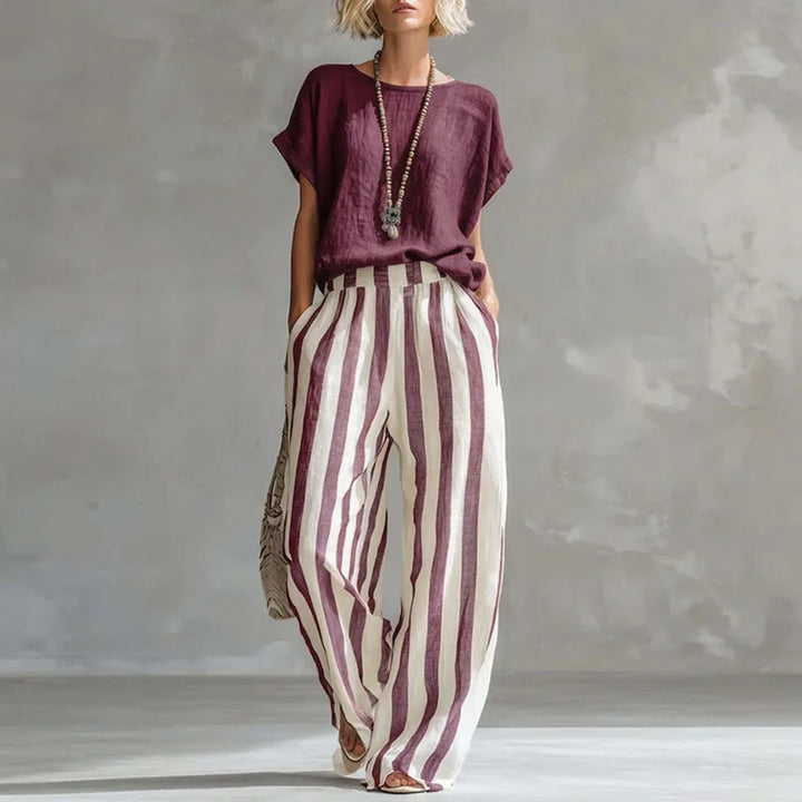Womens Linen Blend Wide Leg Striped Summer Set