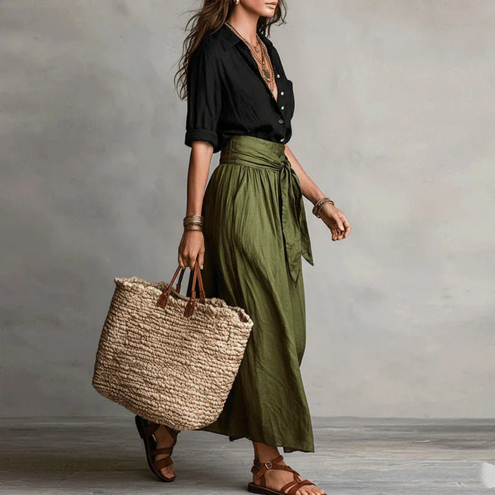 Womens Linen Co-Ord Blouse and Midi Skirt Set