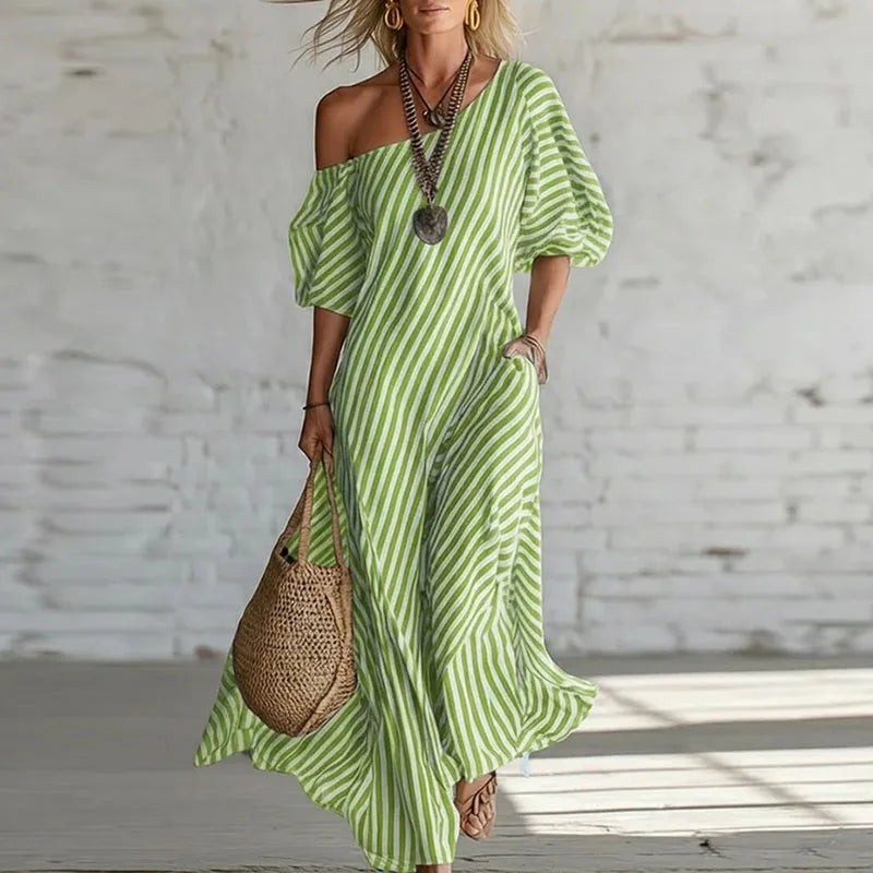 One Shoulder Puff Sleeve Striped Dress Women