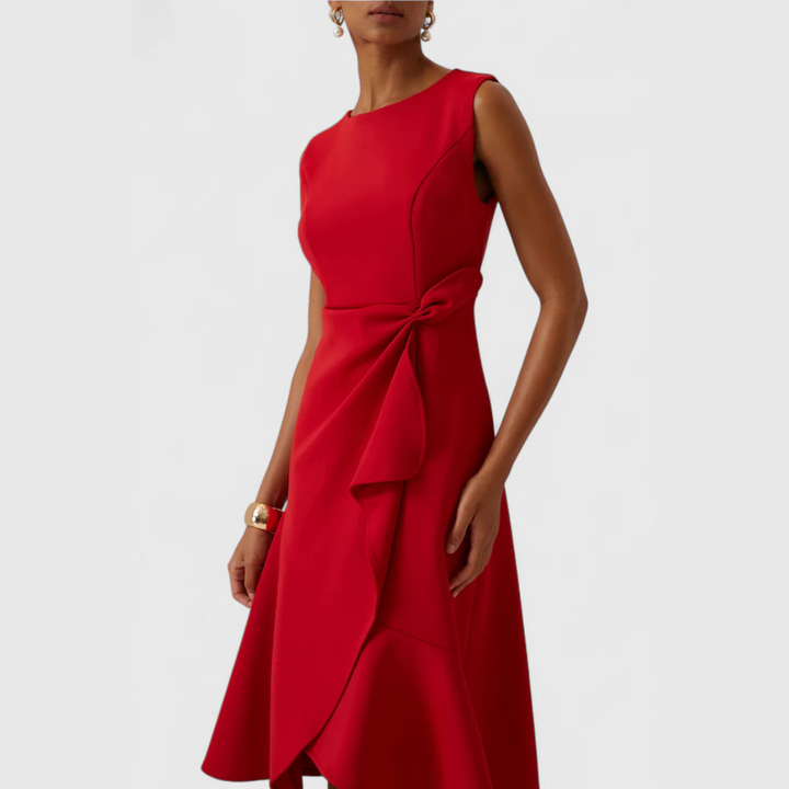 A-Line Midi Dress Women Boat Neck Ruffle Asymmetric Sleeveless
