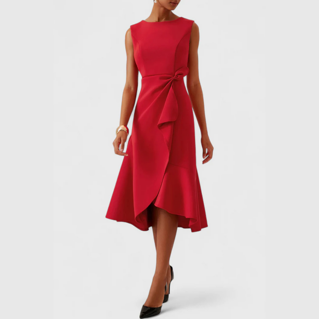 A-Line Midi Dress Women Boat Neck Ruffle Asymmetric Sleeveless