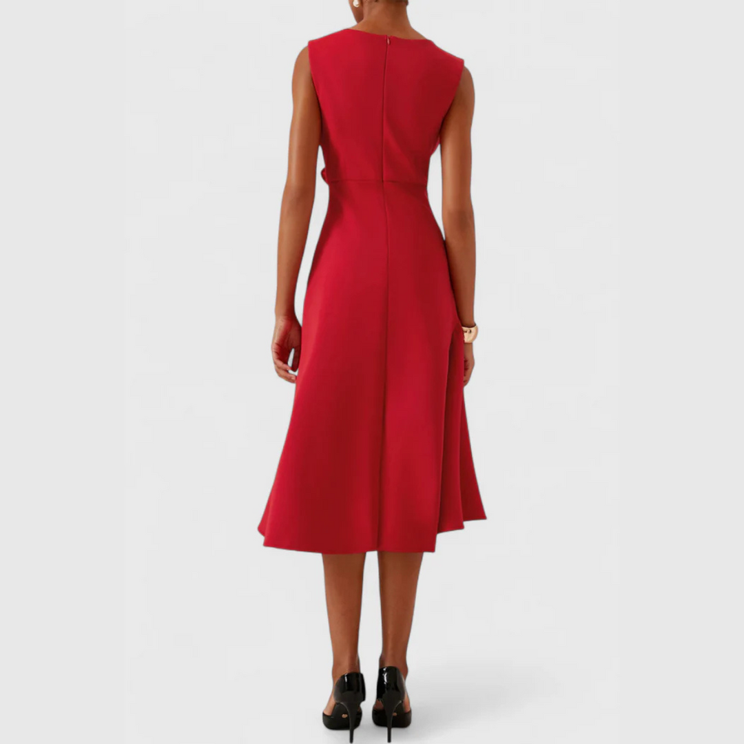 A-Line Midi Dress Women Boat Neck Ruffle Asymmetric Sleeveless