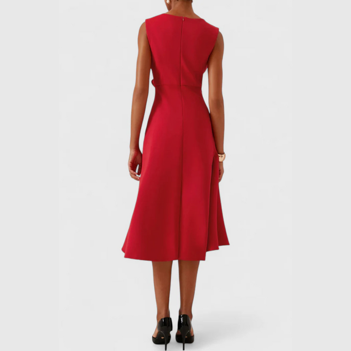 A-Line Midi Dress Women Boat Neck Ruffle Asymmetric Sleeveless