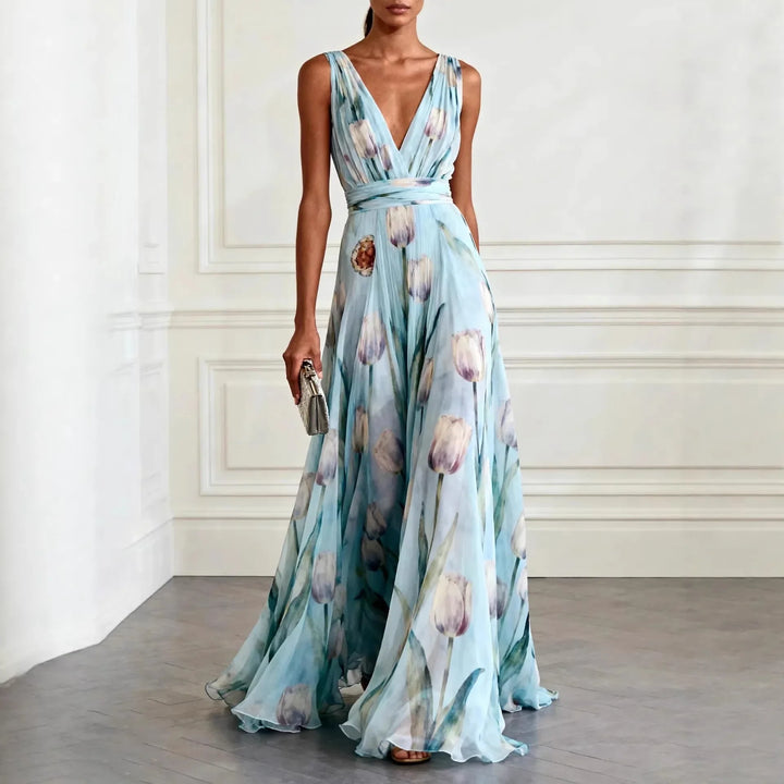 Floral Chiffon Wedding Guest Dress Women Sleeveless