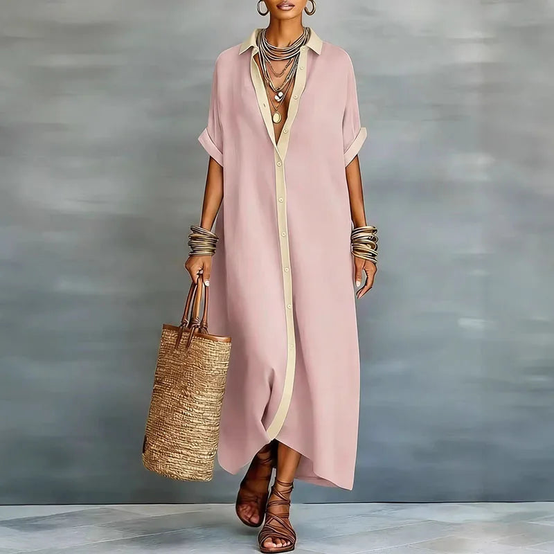 Linen Blend Maxi Shirt Dress Women Relaxed Fit