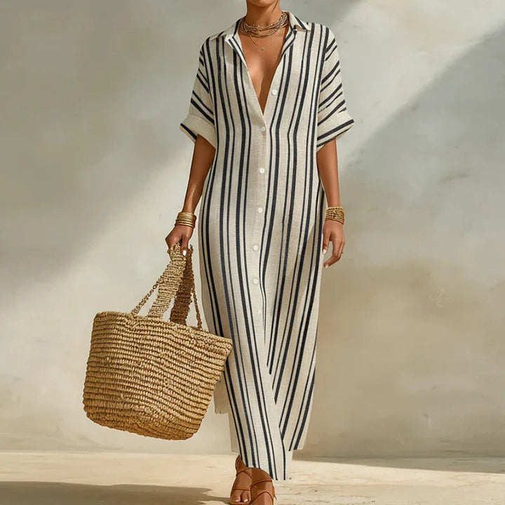Womens Linen Blend Striped Long Shirt Dress