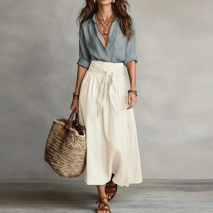 Womens Linen Co-Ord Blouse and Midi Skirt Set