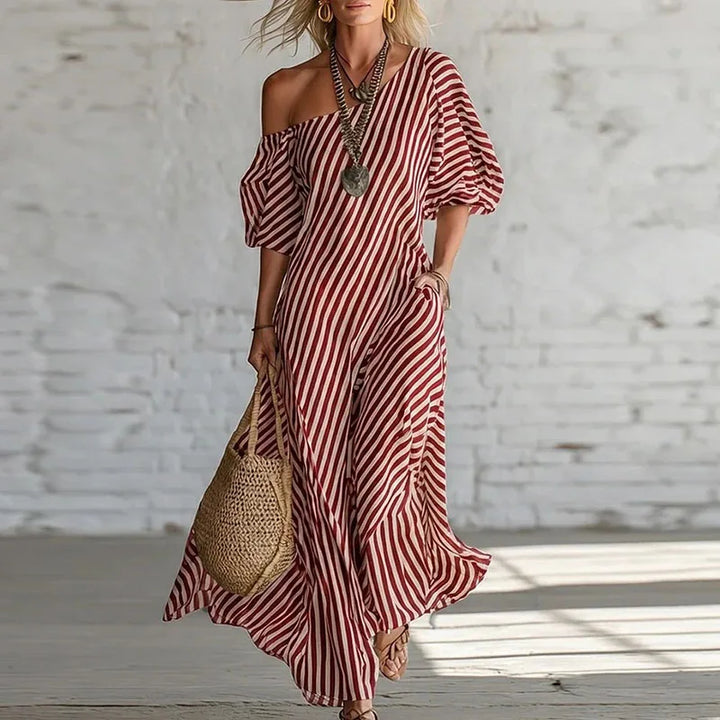 One Shoulder Puff Sleeve Striped Dress Women