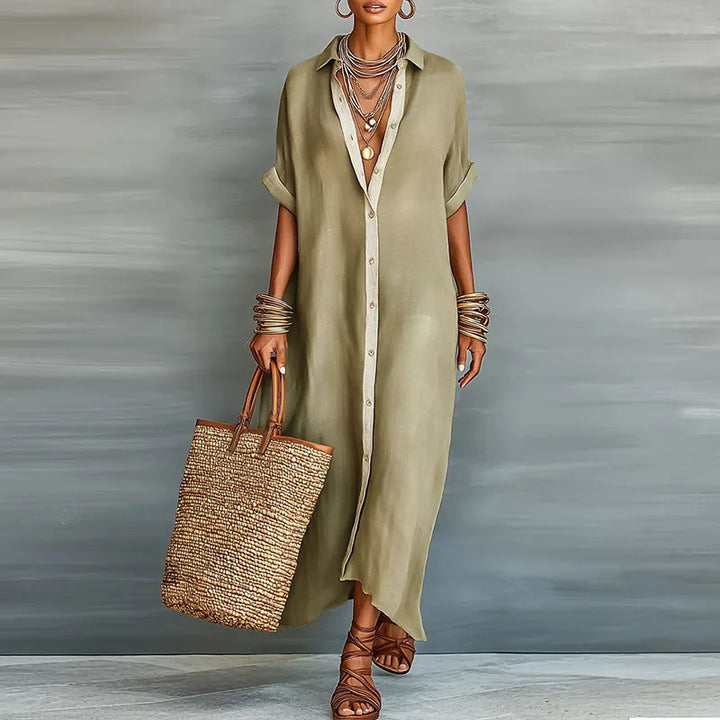 Linen Blend Maxi Shirt Dress Women Relaxed Fit