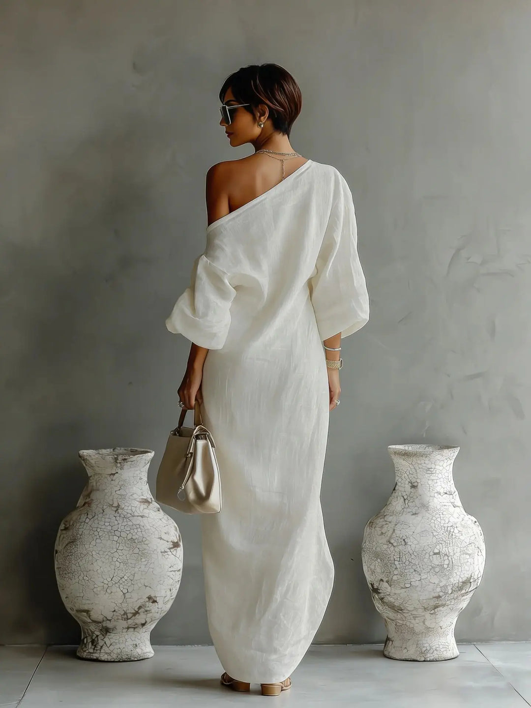 Linen One Shoulder Dress Asymmetrical Boho Women