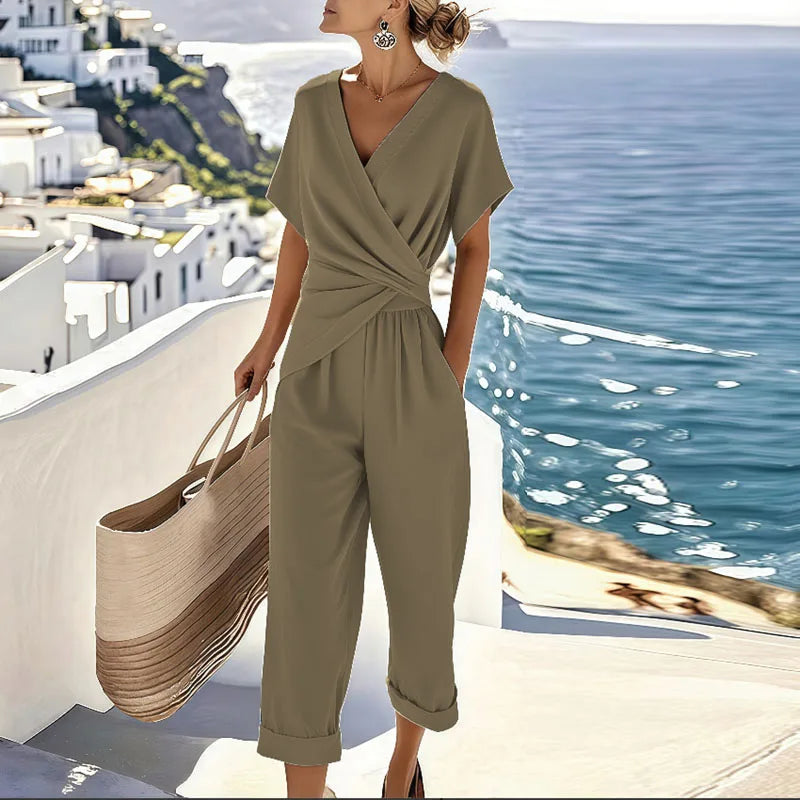 Two-Piece Set Women Wrap Top Tailored Trousers Elegant Summer