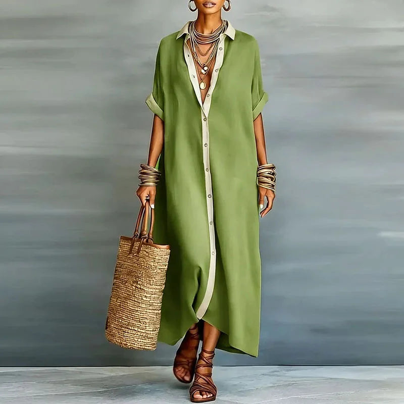Linen Blend Maxi Shirt Dress Women Relaxed Fit