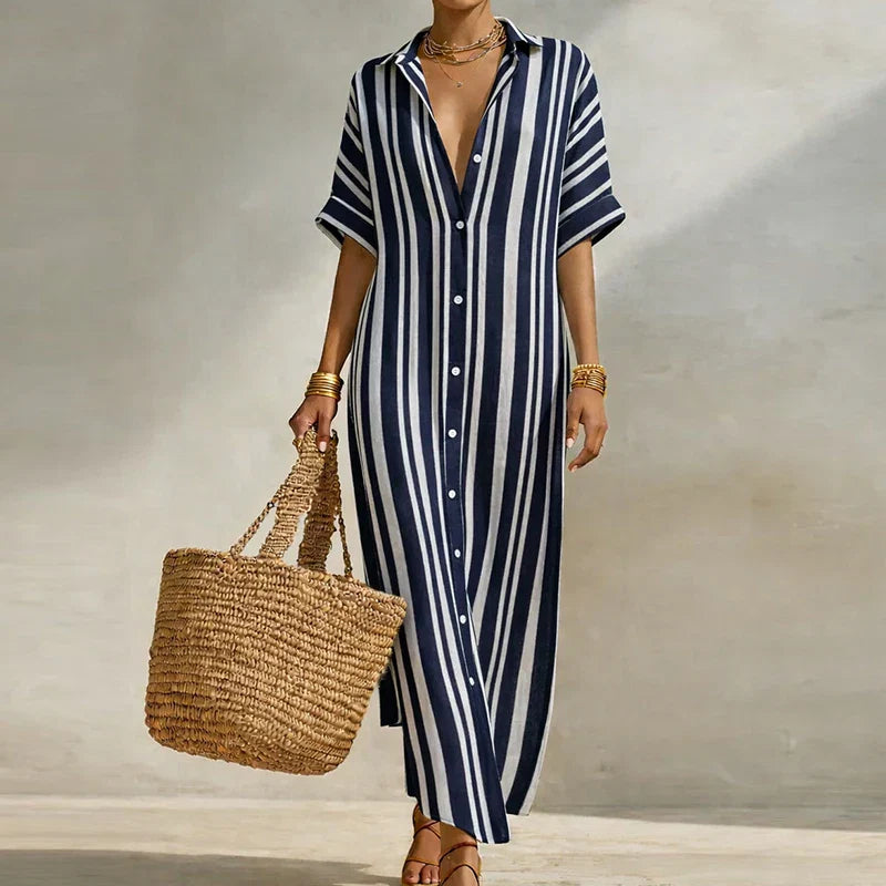 Womens Linen Blend Striped Long Shirt Dress