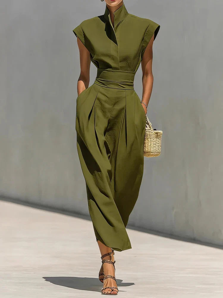 Structured Midi Dress Sleeveless Stand Collar Women