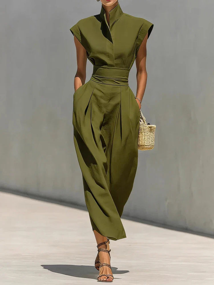 Structured Midi Dress Sleeveless Stand Collar Women