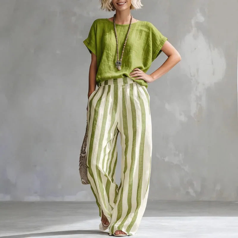 Womens Linen Blend Wide Leg Striped Summer Set