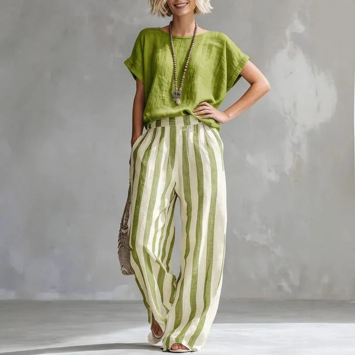 Womens Linen Blend Wide Leg Striped Summer Set