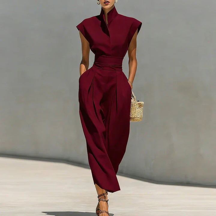 Structured Midi Dress Sleeveless Stand Collar Women