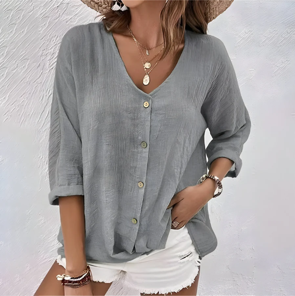 V-Neck Blouse Women Button Front Roll Sleeve Casual Summer Loose