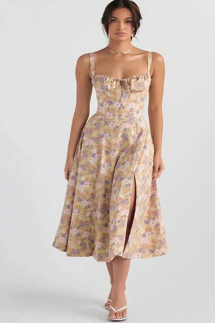 Floral Bustier Maxi Dress Women Corset Ruched Slit
